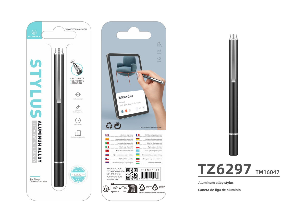 Techancy Caneta Stylus De Alumínio Preta TZ6297, Aspeto Elegante Sensibilidade Precisa Para Telemóveis E Tablets