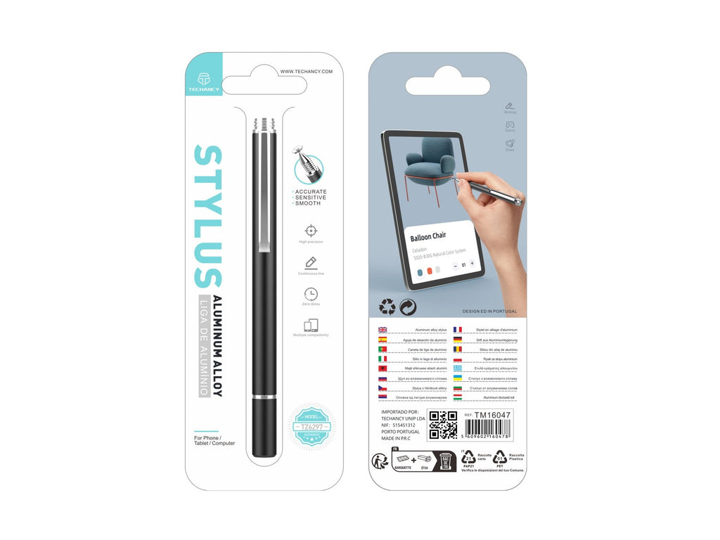 Techancy Caneta Stylus De Alumínio Preta TZ6297, Aspeto Elegante Sensibilidade Precisa Para Telemóveis E Tablets