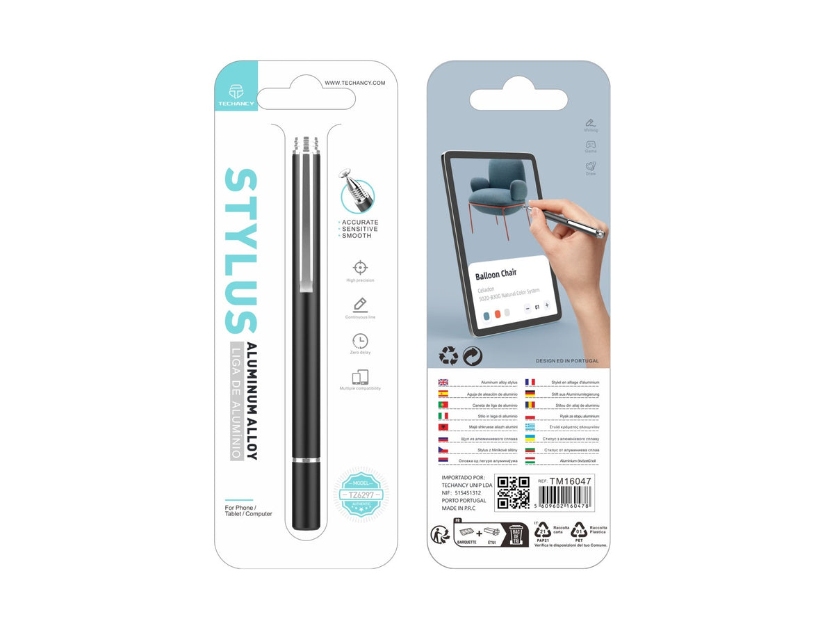 Techancy Caneta Stylus De Alumínio Preta TZ6297, Aspeto Elegante Sensibilidade Precisa Para Telemóveis E Tablets