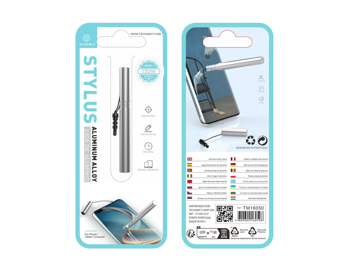 Techancy Mini Stylus Prateado TZ6297, Sensibilidade Precisa Para Telemóveis E Tablets, Com Tomada Para Auscultadores Para Fácil Armazenamento.