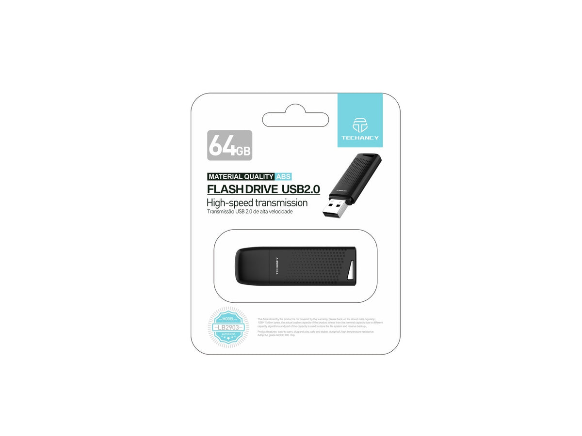 Techancy USB Flash Drive 64GB Preto LB2903, Usb 2.0, Compatível com PC/Mobile/Mac, Armazenamento seguro de ficheiros