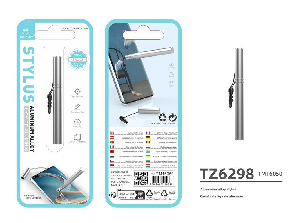 Techancy Mini Stylus Prateado TZ6297, Sensibilidade Precisa Para Telemóveis E Tablets, Com Tomada Para Auscultadores Para Fácil Armazenamento.